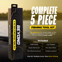 Load image into Gallery viewer, Beyond Braid Fishing 5-Piece Fishing Tool Kit - Pliers, Fillet Knife, Hook Remover, Lip Gripper, and Braid Scissors
